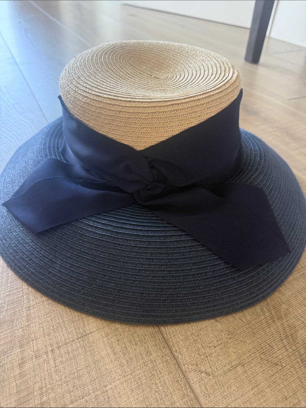 Two-Tone Straw Sun Hat with Navy Ribbon Bow